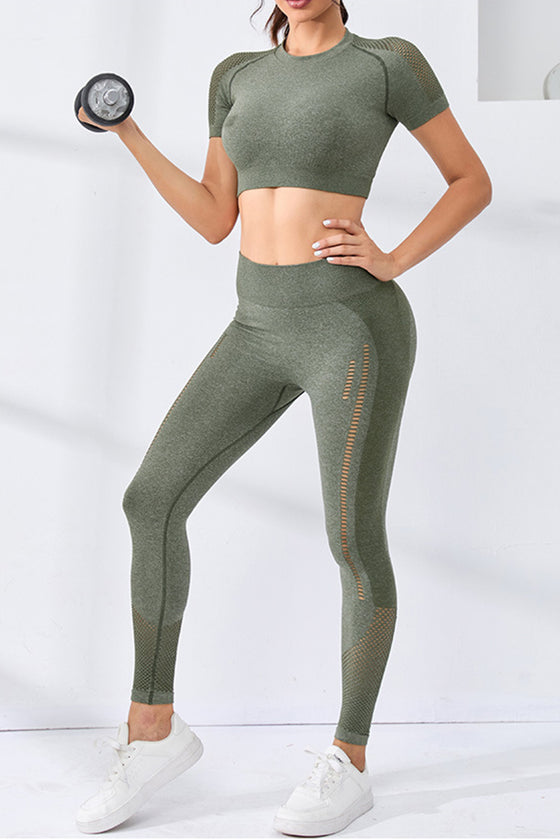 PACK2611627-P1609-1, Moss Green 2pcs Crop Top and Sports Leggings Workout Set