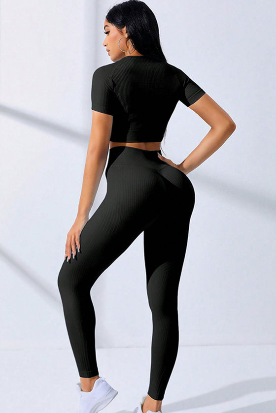 PACK2611628-P2-1, Black Textured Crop Top and High Waist Leggings Workout Set