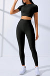 PACK2611628-P2-1, Black Textured Crop Top and High Waist Leggings Workout Set