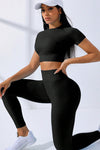 PACK2611628-P2-1, Black Textured Crop Top and High Waist Leggings Workout Set