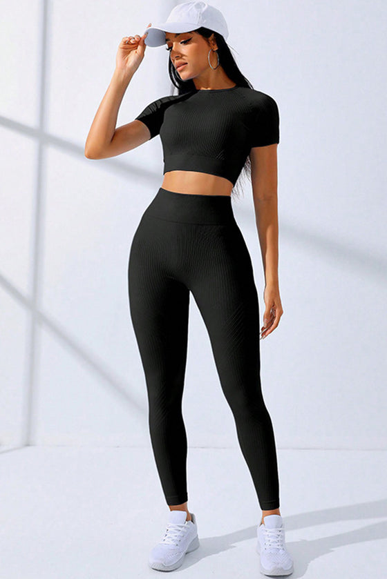 PACK2611628-P2-1, Black Textured Crop Top and High Waist Leggings Workout Set