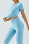 PACK2611628-P4-1, Light Blue Textured Crop Top and High Waist Leggings Workout Set