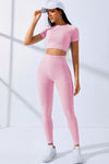 PACK2611628-P10-1, Pink Textured Crop Top and High Waist Leggings Workout Set