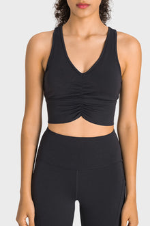 PACK264760-P2-1, Black Ruched V Neck Active Cropped Tank