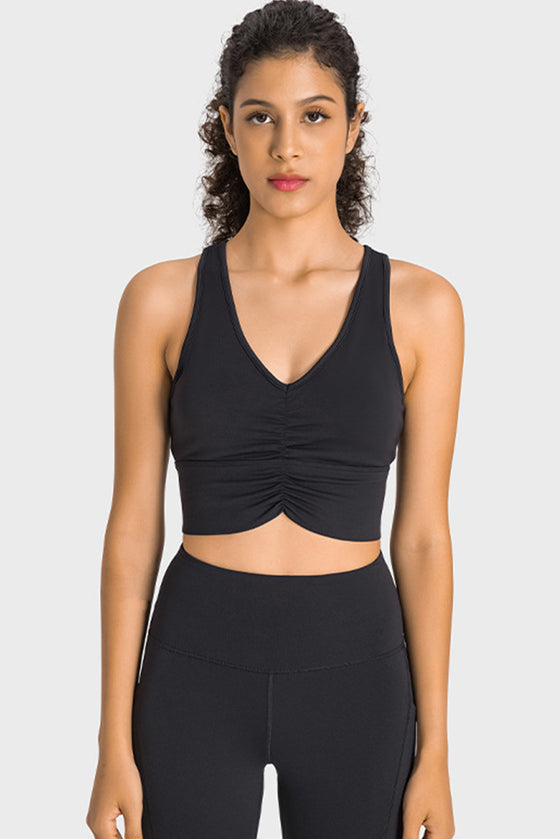 PACK264760-P2-1, Black Ruched V Neck Active Cropped Tank