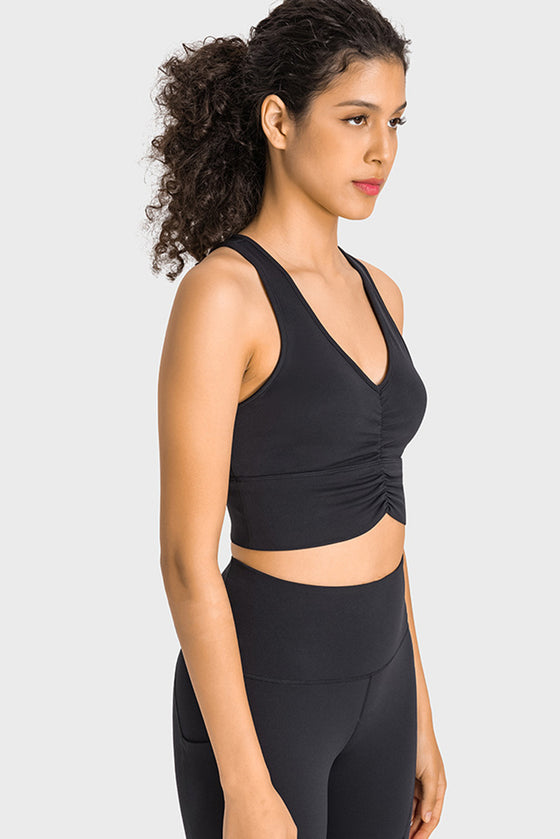 PACK264760-P2-1, Black Ruched V Neck Active Cropped Tank