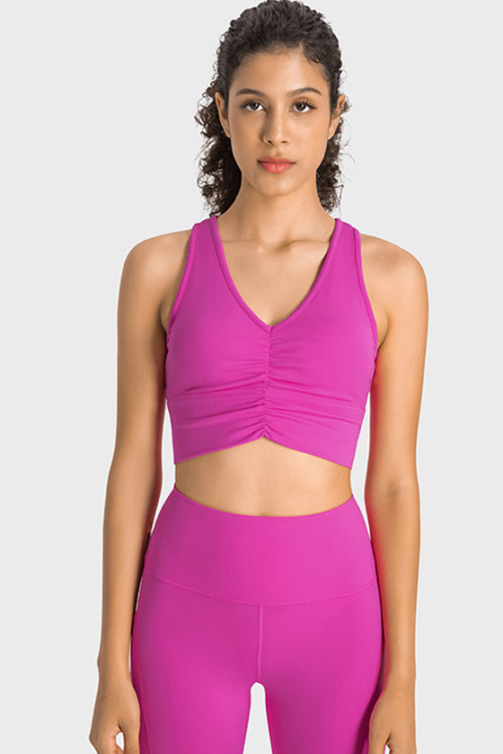 PACK264760-P6-1, Rose Red Ruched V Neck Active Cropped Tank