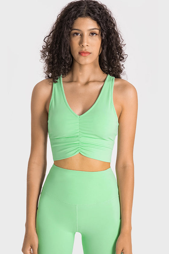 PACK264760-P809-1, Light Green Ruched V Neck Active Cropped Tank