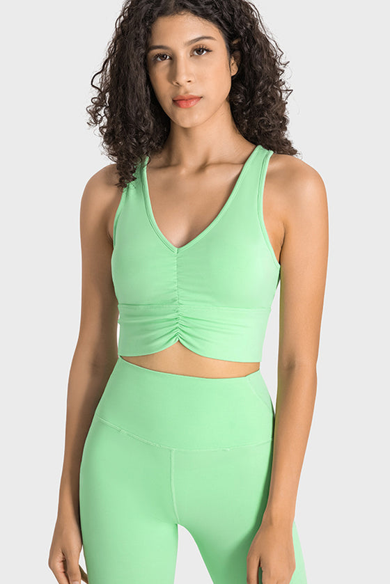 PACK264760-P809-1, Light Green Ruched V Neck Active Cropped Tank