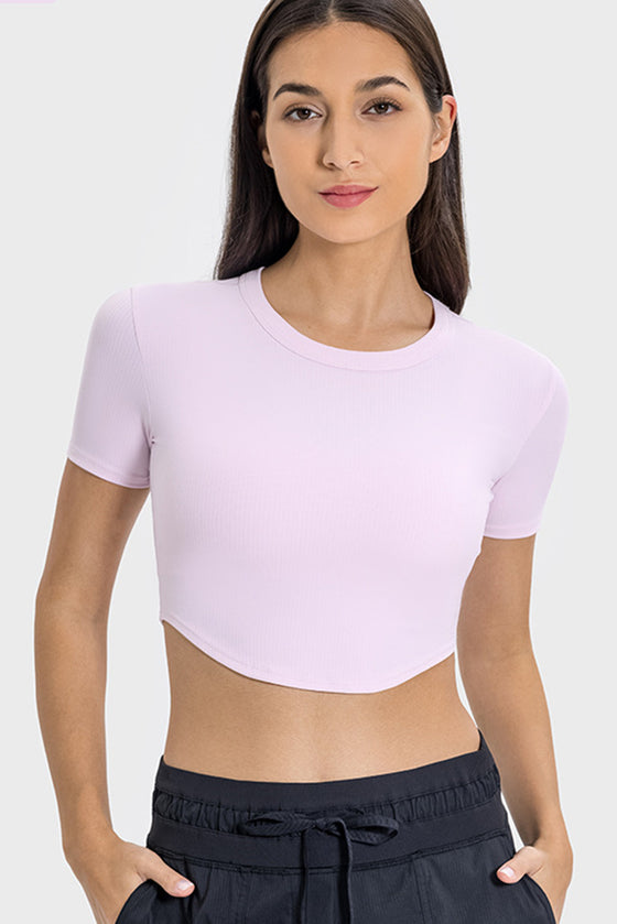 PACK264762-P1010-1, Light Pink Short Sleeve Cropped Yoga Top
