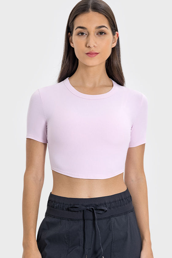 PACK264762-P1010-1, Light Pink Short Sleeve Cropped Yoga Top