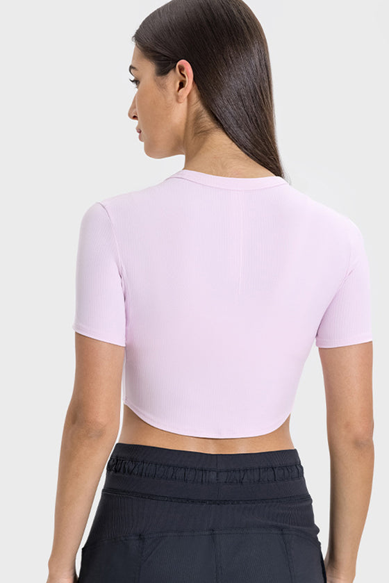 PACK264762-P1010-1, Light Pink Short Sleeve Cropped Yoga Top