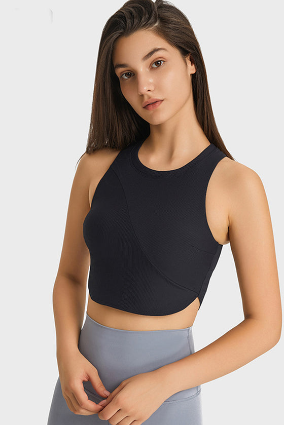 PACK264764-P2-1, Black Round Neck Asymmetrical Hem Active Cropped Tank Top