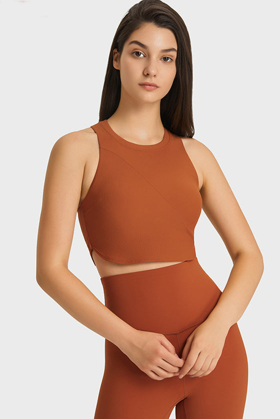 PACK264764-P2017-1, Chestnut Round Neck Asymmetrical Hem Active Cropped Tank Top