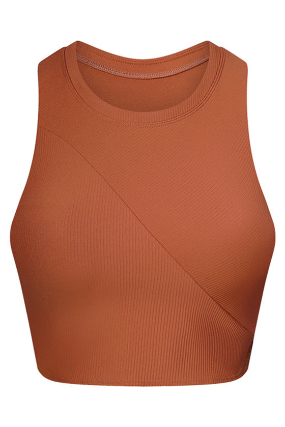 PACK264764-P2017-1, Chestnut Round Neck Asymmetrical Hem Active Cropped Tank Top