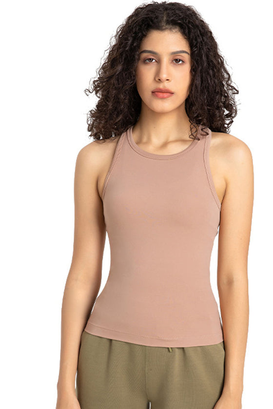 PACK264765-P4016-1, Light French Beige O-Neck Racer Back Athletic Tank Top