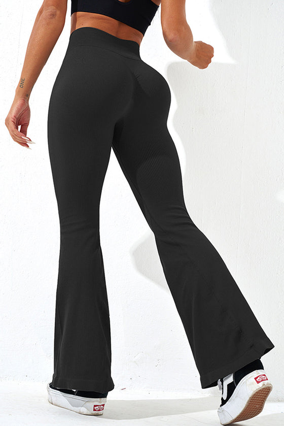 PACK265531-P2-1, Black Ribbed Cross Waistband Butt Lift Yoga Flared Leggings