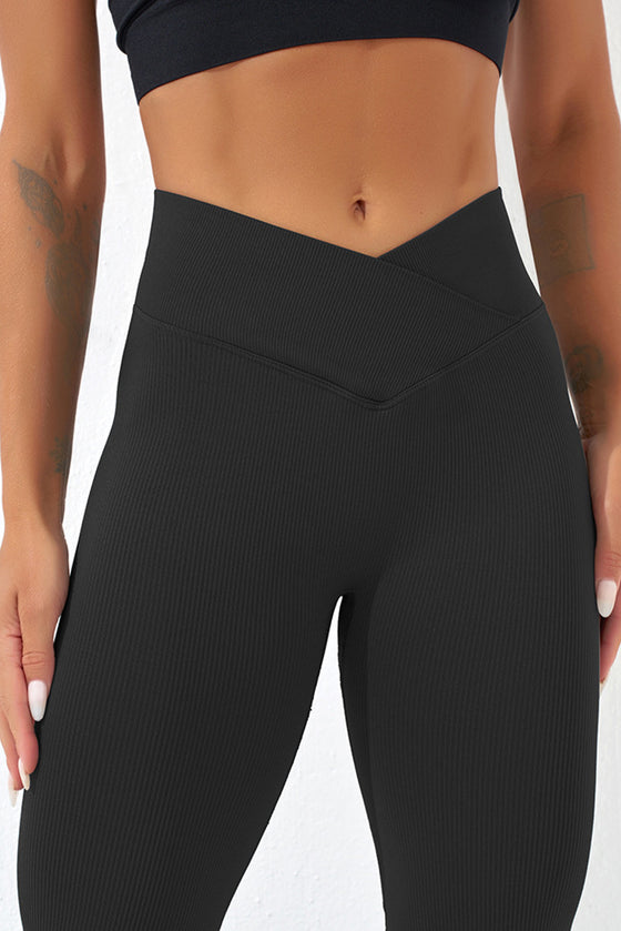 PACK265531-P2-1, Black Ribbed Cross Waistband Butt Lift Yoga Flared Leggings