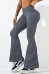 PACK265531-P3011-1, Medium Grey Ribbed Cross Waistband Butt Lift Yoga Flared Leggings