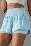PACK265533-P4-1, Light Blue Double Layer High Waistband Mesh Active Shorts