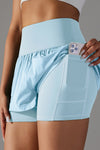 PACK265533-P4-1, Light Blue Double Layer High Waistband Mesh Active Shorts