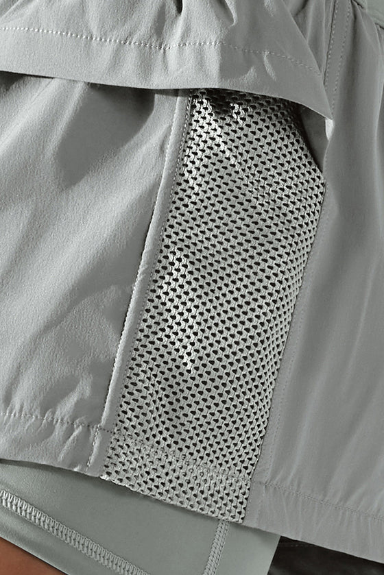 PACK265533-P1011-1, Light Grey Double Layer High Waistband Mesh Active Shorts