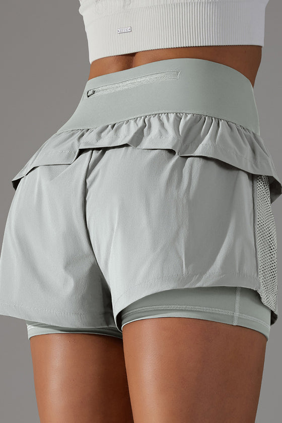 PACK265533-P1011-1, Light Grey Double Layer High Waistband Mesh Active Shorts