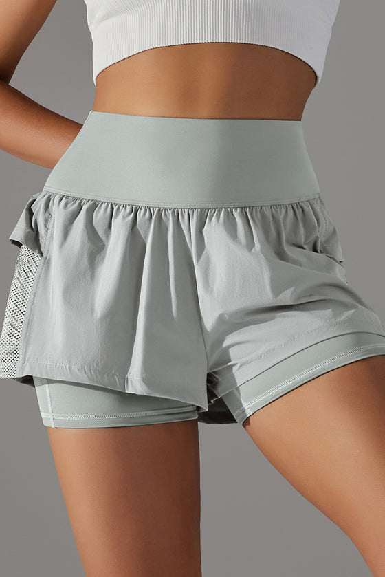 PACK265533-P1011-1, Light Grey Double Layer High Waistband Mesh Active Shorts