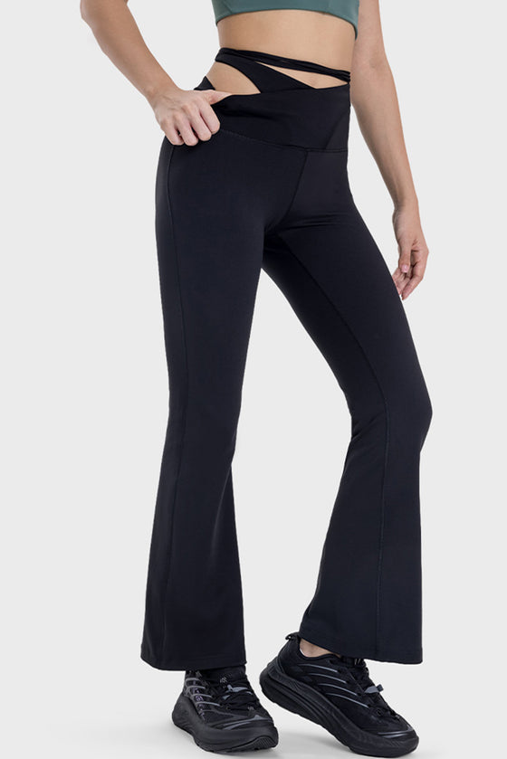 PACK265534-P2-1, Black Arched Cut out Waist Lace up Flared Active Pants