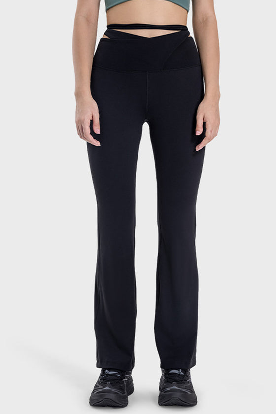 PACK265534-P2-1, Black Arched Cut out Waist Lace up Flared Active Pants