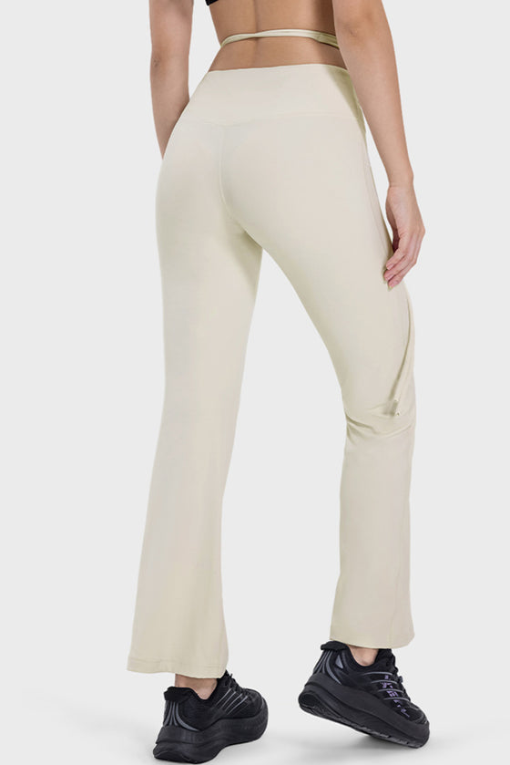 PACK265534-P101-1, White Arched Cut out Waist Lace up Flared Active Pants