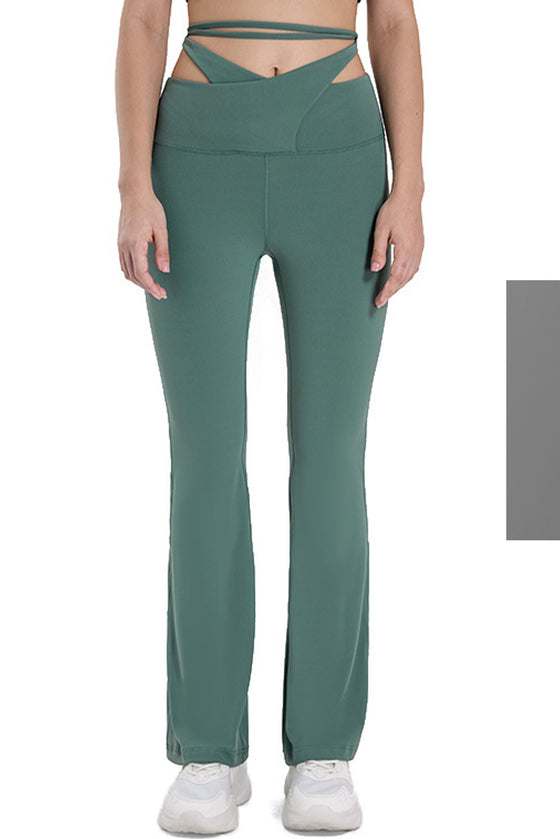 PACK265534-P509-1, Mist Green Arched Cut out Waist Lace up Flared Active Pants