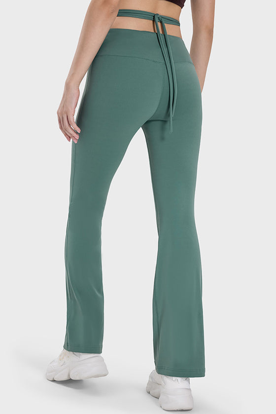 PACK265534-P509-1, Mist Green Arched Cut out Waist Lace up Flared Active Pants