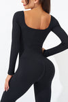 PACK262260-P2-1, Black Long Sleeve Flare Leg Square Neck Yoga Jumpsuit