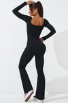 PACK262260-P2-1, Black Long Sleeve Flare Leg Square Neck Yoga Jumpsuit