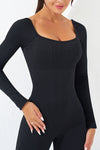 PACK262260-P2-1, Black Long Sleeve Flare Leg Square Neck Yoga Jumpsuit