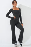 PACK262260-P4011-1, Carbon Grey Long Sleeve Flare Leg Square Neck Yoga Jumpsuit