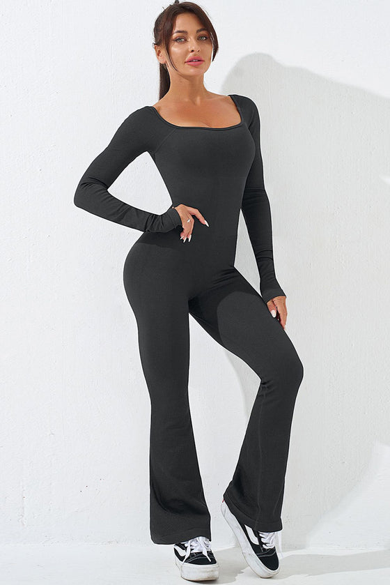 PACK262260-P4011-1, Carbon Grey Long Sleeve Flare Leg Square Neck Yoga Jumpsuit