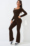 PACK262260-P7017-1, Chicory Coffee Long Sleeve Flare Leg Square Neck Yoga Jumpsuit