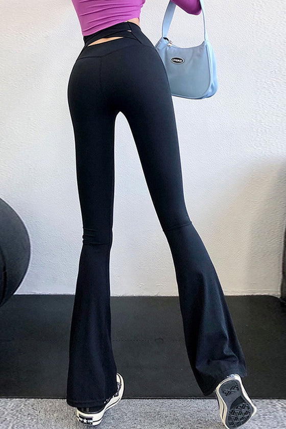 PACK265535-P2-1, Black Crossed Hollow-out Tummy Control Sports Flare Pants