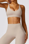 PACK264769-P4016-1, Light French Beige Sexy Strappy Back V Neck Sports Bra