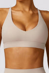 PACK264769-P4016-1, Light French Beige Sexy Strappy Back V Neck Sports Bra