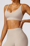 PACK264769-P4016-1, Light French Beige Sexy Strappy Back V Neck Sports Bra