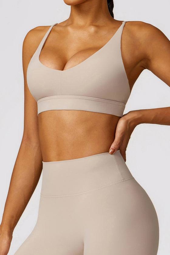 PACK264769-P4016-1, Light French Beige Sexy Strappy Back V Neck Sports Bra