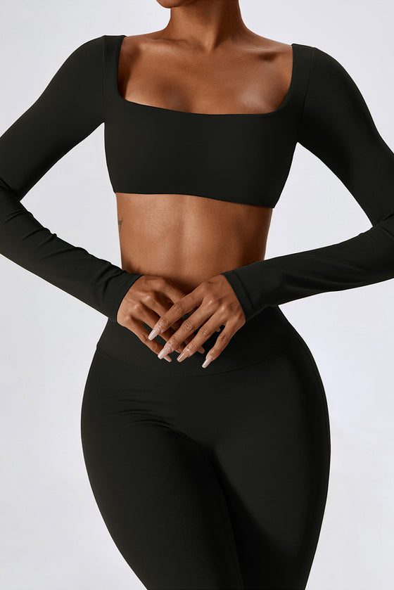 PACK2611630-P2-1, Black Square Neck Cropped Active Top & Pants Set