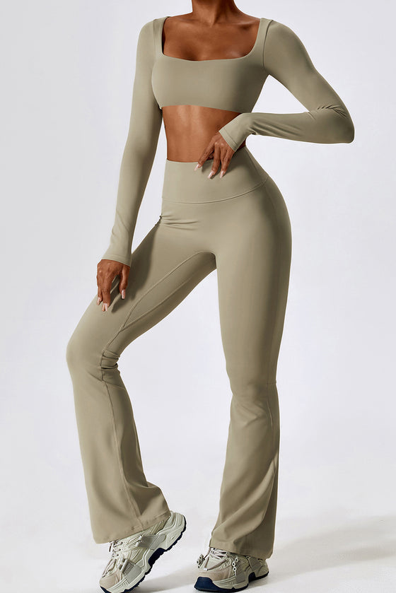 PACK2611630-P5016-1, Pale Khaki Square Neck Cropped Active Top & Pants Set