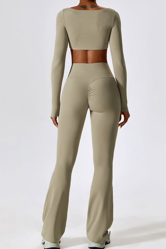 PACK2611630-P5016-1, Pale Khaki Square Neck Cropped Active Top & Pants Set