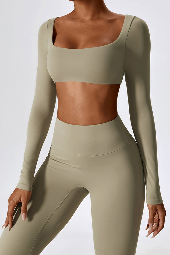 PACK2611630-P5016-1, Pale Khaki Square Neck Cropped Active Top & Pants Set