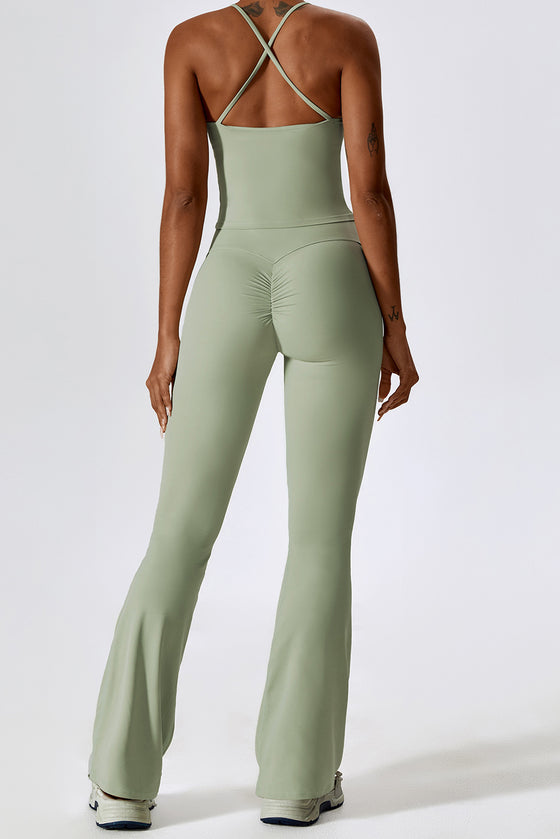 PACK2611632-P1209-1, Laurel Green Crisscross Backless Workout Tank and Flare Leggings Set