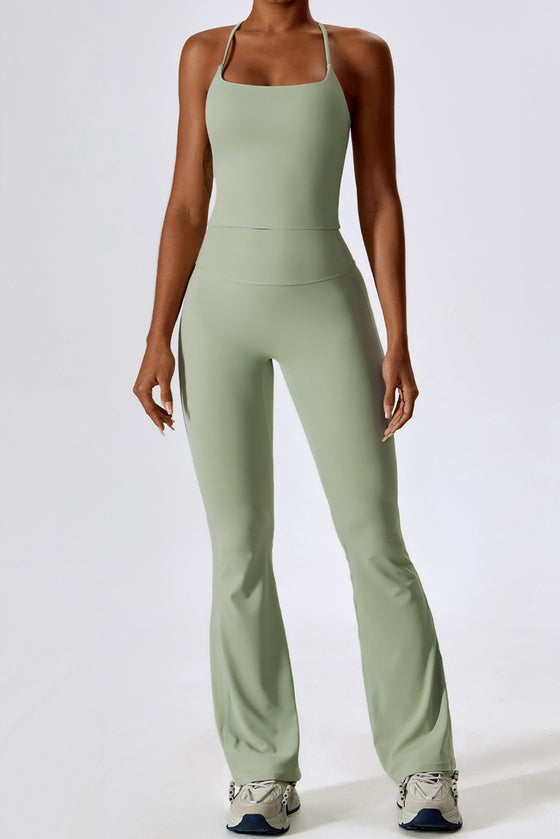 PACK2611632-P1209-1, Laurel Green Crisscross Backless Workout Tank and Flare Leggings Set